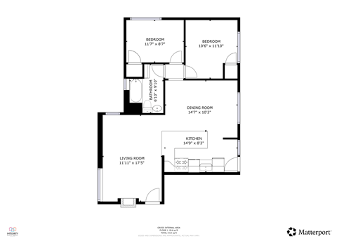 Floor plan for 2 beds, 1 bath, 842 sqft